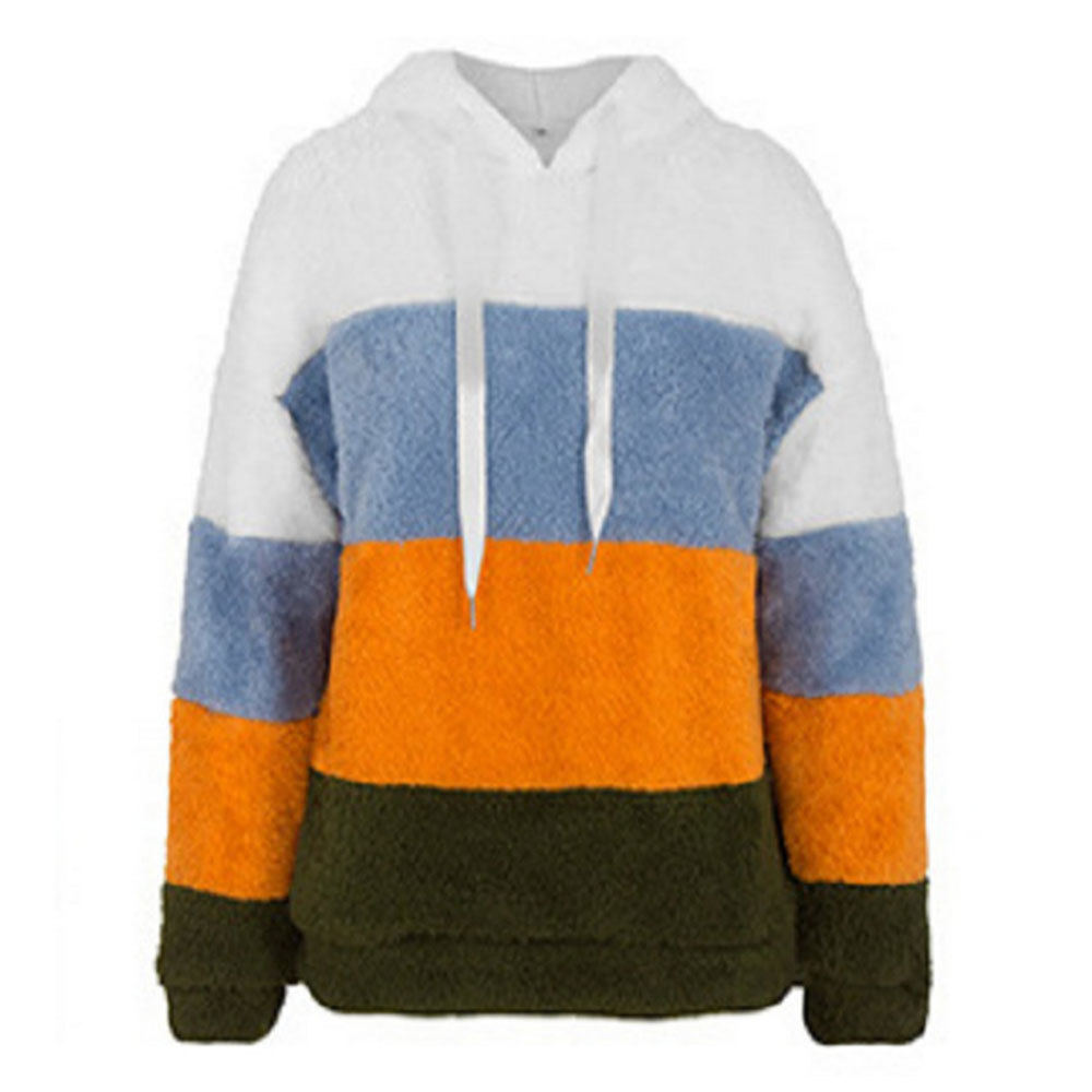 Women Hit Color Striped Hoodies Elegant Autumn Winter Loose Sweatshirts Plus Size Fluffy Fleece Pullover 210428