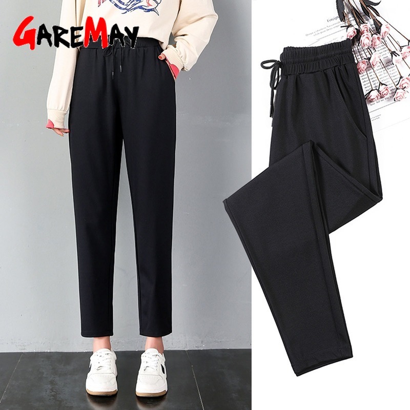 Women's Pants Plus Size Korean Style Motion Elastic Waist SportsTrousers Black White Striped Side Sweatpants Women 210428