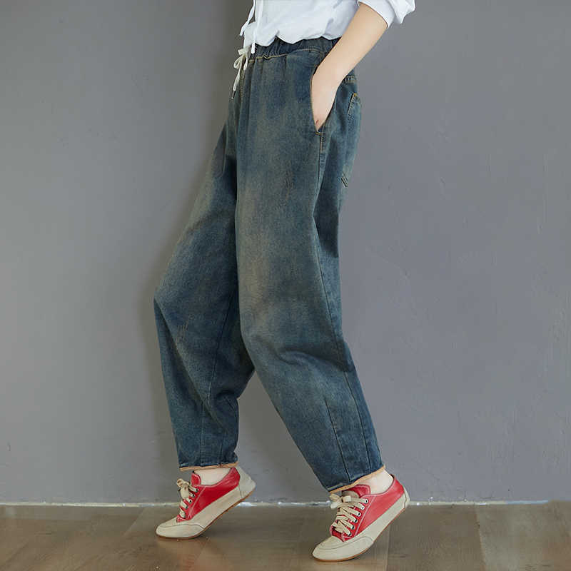 7076 Women Fashion Spring Summer Korean Elastic Waist Oversize Wide Leg Pant Female Casual Loose Ankle Length Jeans Streetwear 210922