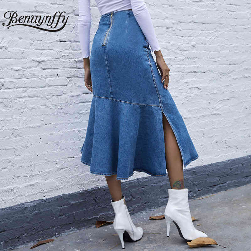 Zipper Fly Ruffle Hem Denim Skirt Women Autumn winter High Waist Bodycon Jean s Elegant Ladies Split Long 210510