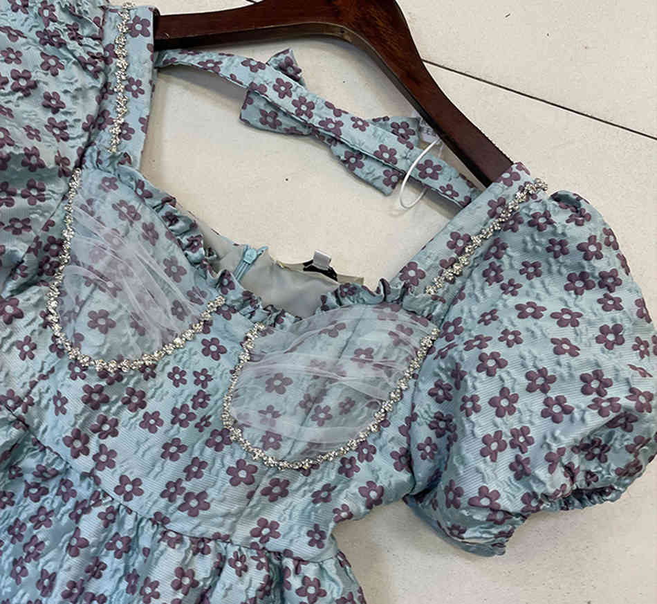 Free Diamond Printed Dress Women Lace-up Butterfly Lantern Sleeve Halter Ruffled Puffy Party Vestidos 210524