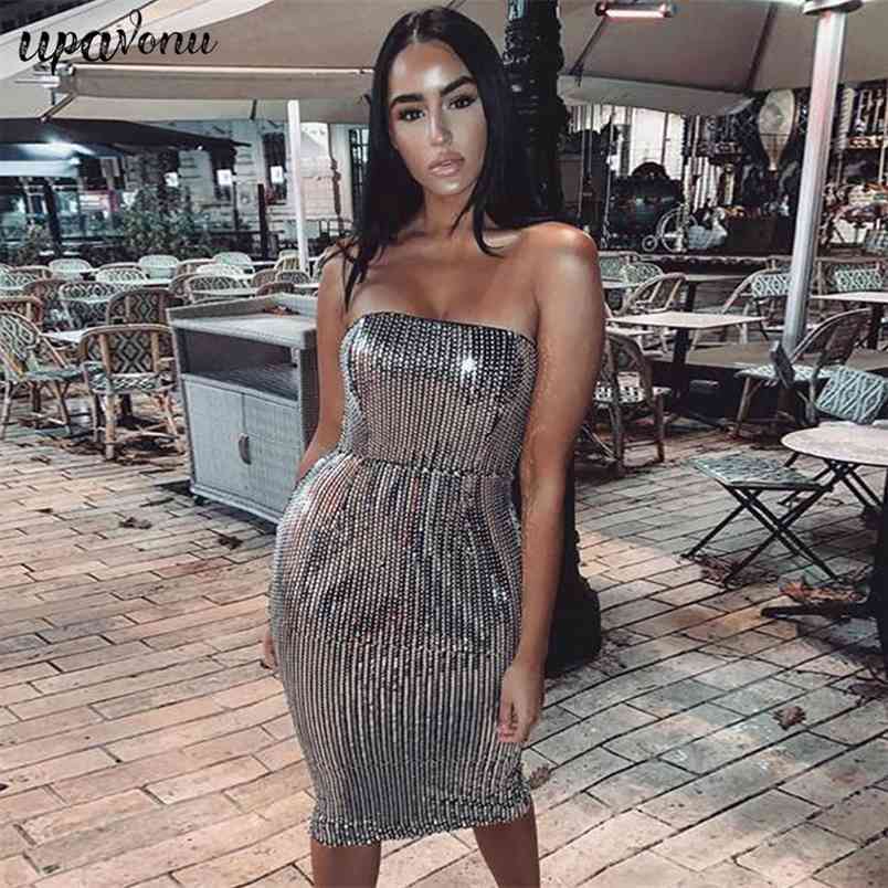 Free Women's Silver Sequined Bandage Dress Sexy Strapless Bodycon Halter Club Midi Celebrity Party 210524