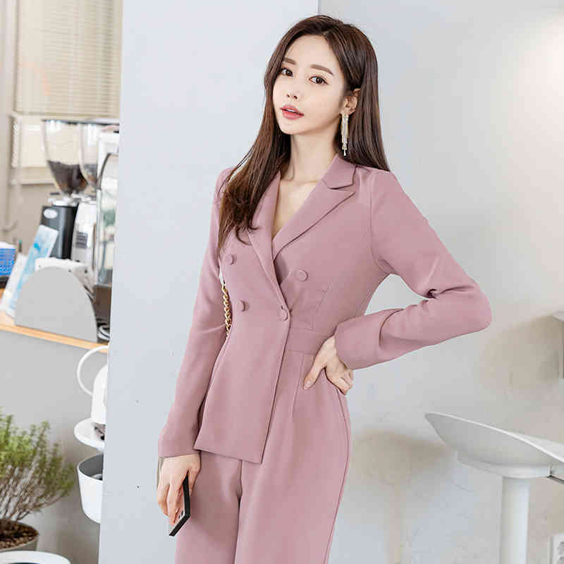 Fashion Women's Wide leg Jumpsuit Rompers Womens Double breasted Pink Women office Long sleeve Playsuits 210520