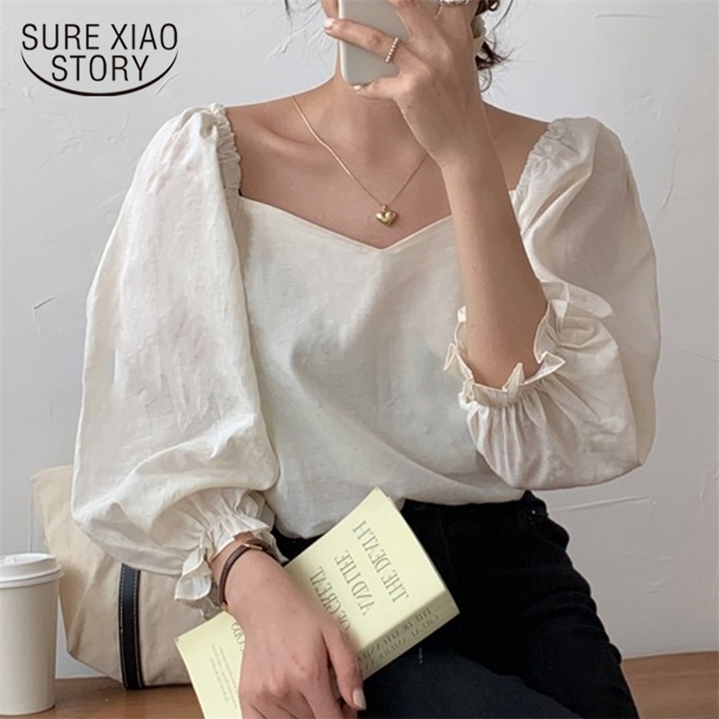 Casual Female Tops Spring Fashion Korean Chic Blouse Women Sexy Square Collar Puff Sleeve Ladies' Blusa White Shirts 10165 210506