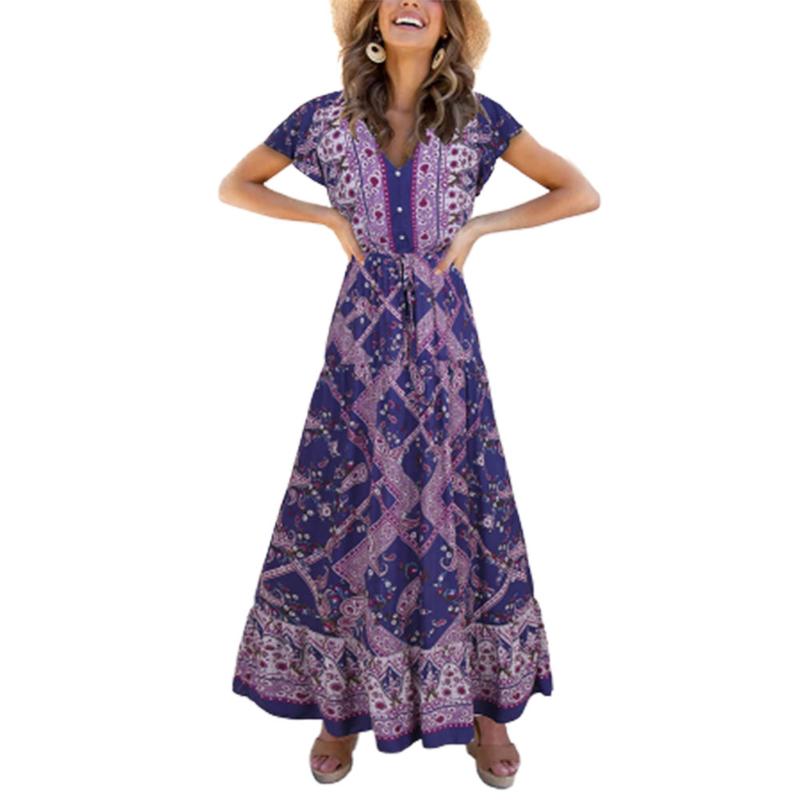 Casual Dresses Summer Women Printed Boho Long Maxi Dress Short Sleeve Kaftan Beach Sundress Bohemian Style Ladies