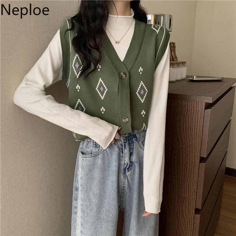 Neploe Sweater Vest Casual V-Neck Sleeveless Vintage Sweater Cardigan Jacket Korean Jacquard All-match Outer Wear Waistcoat 210422