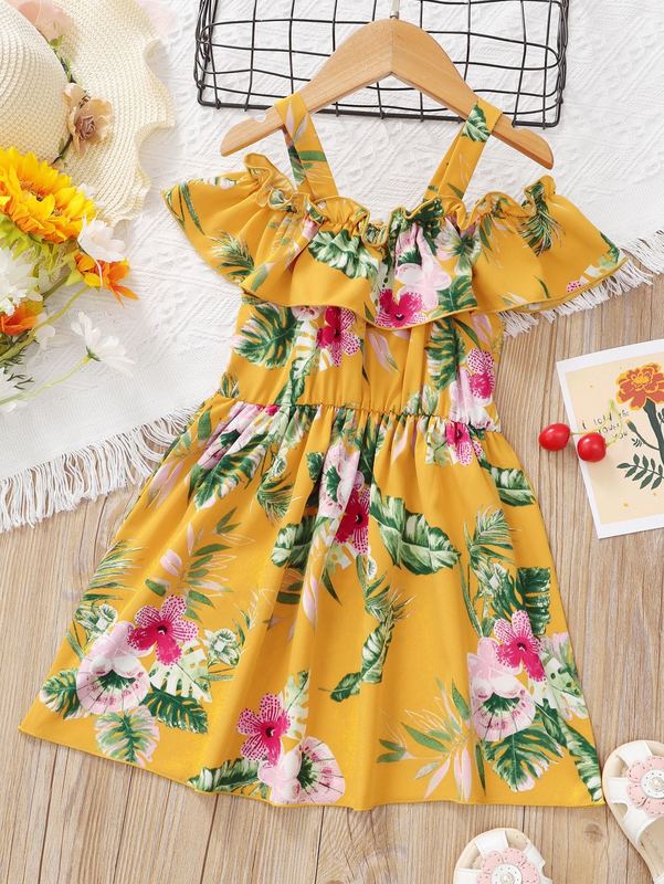 Toddler Girls Tropical Print Cold Shoulder Ruffle Trim Dress SHE