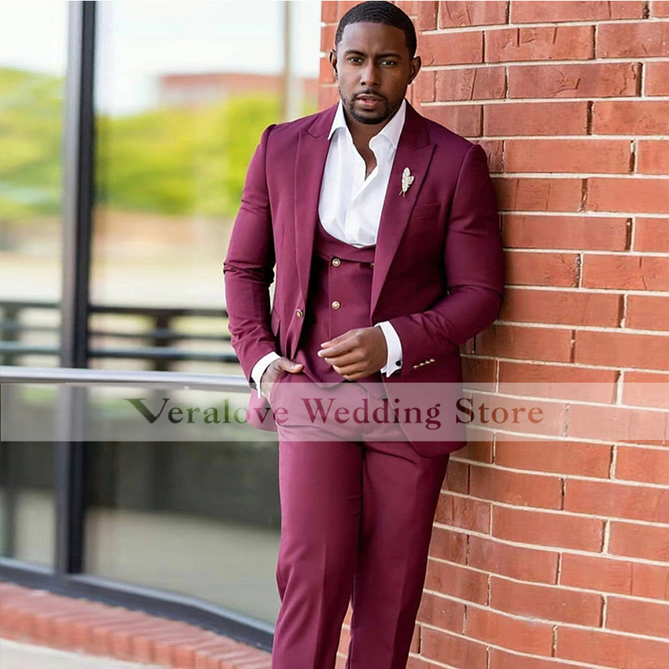 Veralove Red Bussiness Party Suit Peaked Lapel One Button Groom Tuxedos Wedding Suit for Men Set Custom Made(Jacket+Vest+Pants)