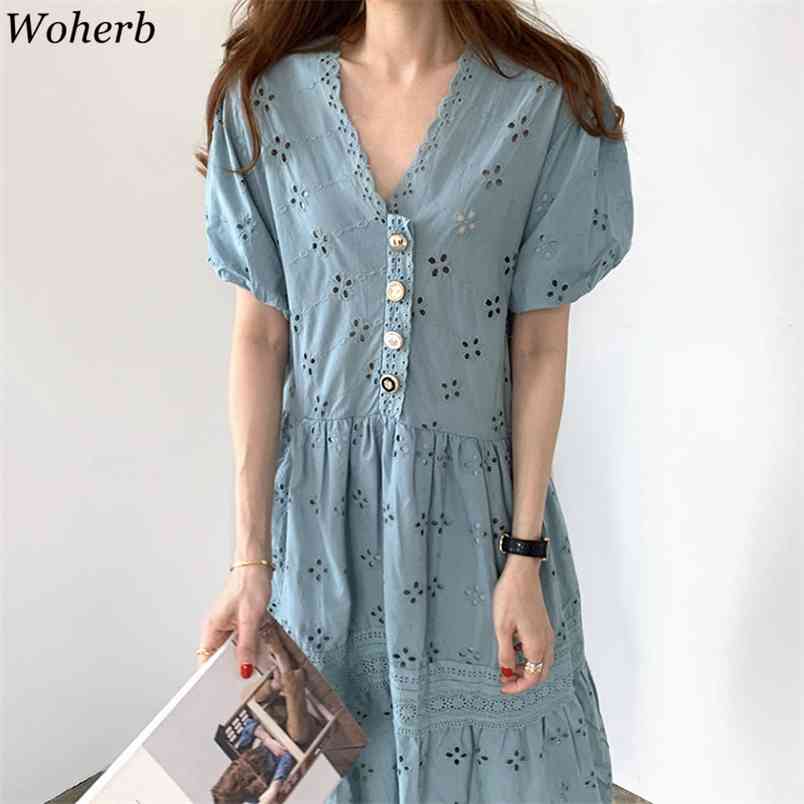 V-neck Woman Summer Maxi Long Dress Lace Hollow Out Puff Sleeve Sexy Robe Loose Ladies Dresses Vintage Korean Vestidos 210519