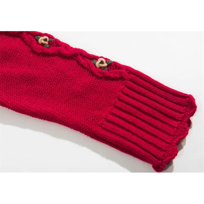 Women Cropped Cable Knit Jumper With Embroidery Floral Lady Sweater 210512