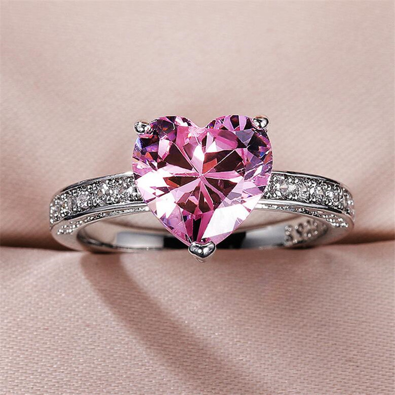 Size 6-10 Simple Fashion Jewelry Wedding Rings 925 Sterling Silver Heart Shape 5A White Pink Topaz CZ Diamond Gemstones Party Women Engagement Bridal 