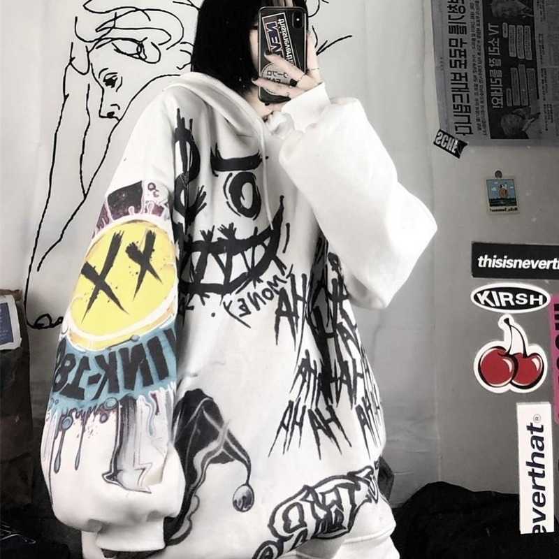 FERNAN Goth Sweatshirts Women Grunge Japan Style Anime Hip Hop Hoodie Oversized Punk Female Tops Long Sleeve Gothic Alt Clothes 210830