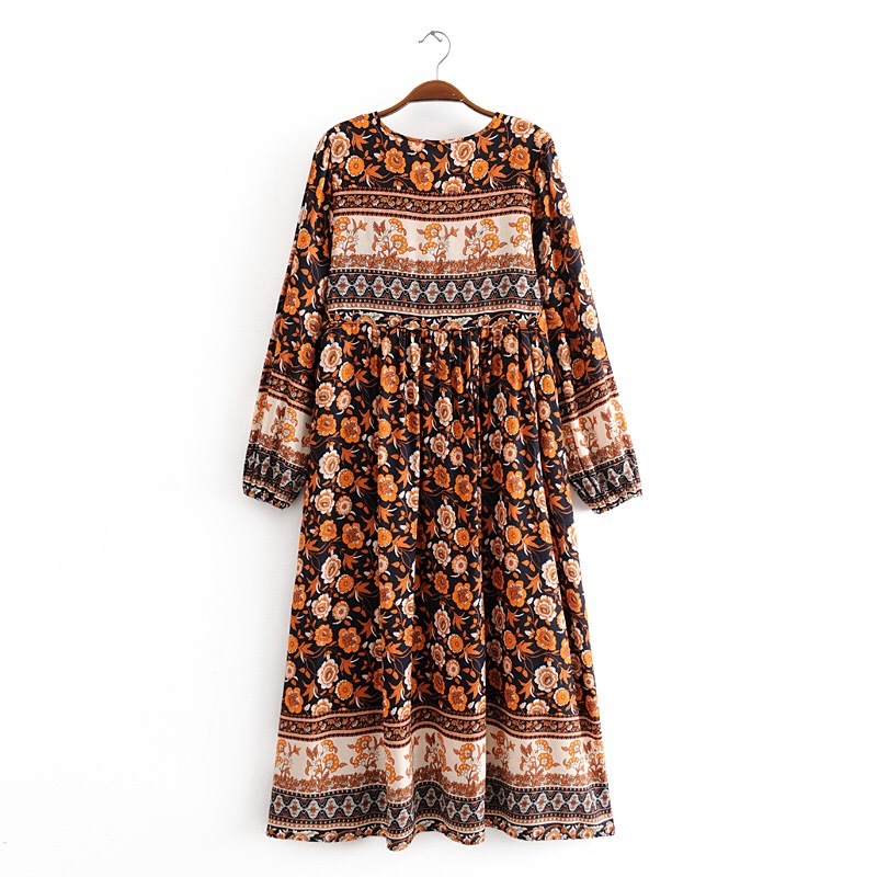 Bohemia Lacing up V neck Location Big Flower Print Long Dress BOHO Woman Sleeve Tassel Strappy Holiday Dresses Beach 210429