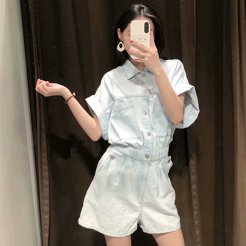 Women Cotton Denim Jumpsuit Fashion Short Sleeves Loose Overalls Vintage Wash Elastic Waist Washed Jumpsuits 210521