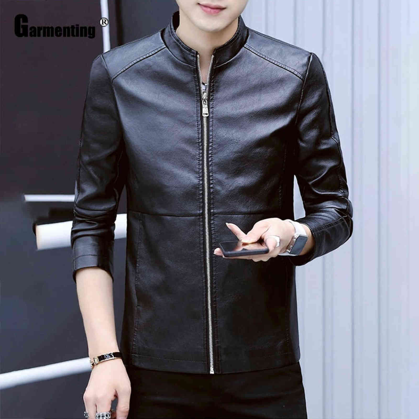 Garmenting Men Trendy Zippers Tops Faux Pu Leather Jackets Kpop Young Mens Blue Coffee Outerwear Slim Fitted Male Clothing 211111
