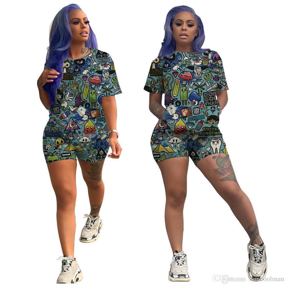 Fashion Cartoon Printed Casual Set dresses Womens Designer Tracksuit Short Sleeve Outfits 2 Piece Pant Sport Suits Clubwear