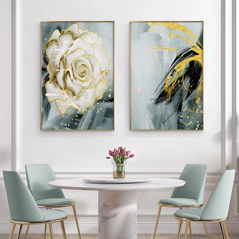 Scandinavian Flower Poster White Rose Canvas Print Modern Golden Green Painting Wall Art Picture for Living Room Interior Decor