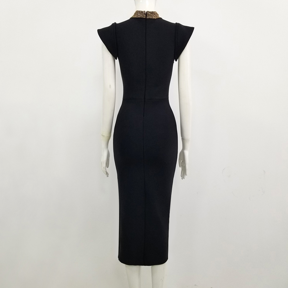 Free Women Bandage Dress Midi Sexy Stand Collar Short Sleeve Bodycon Split Celebrity Club Party Vestidos 210524