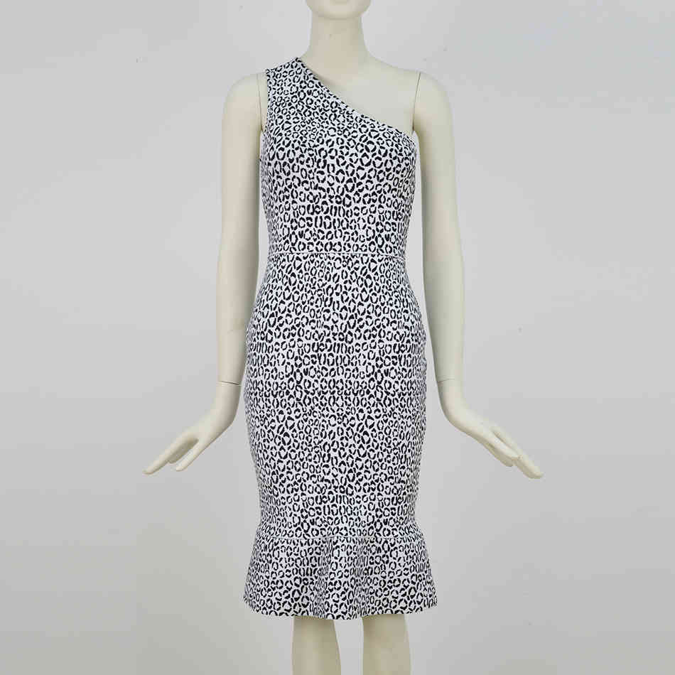 Free One Shoulder Short Sleeve Leopard Print Dress Women Sexy Bodycon Fishtail Club Party Vestidos 210524