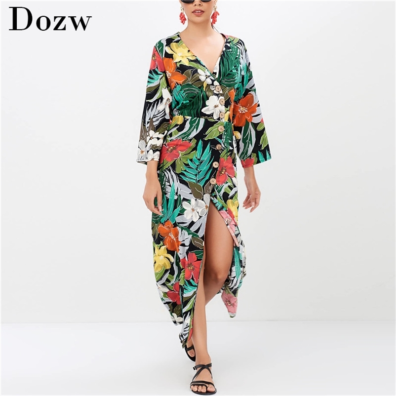 Summer Chiffon Dress Women Floral Print Long Boho Beach Sexy Deep V-neck Party Sundress Vestidos de fista 210515
