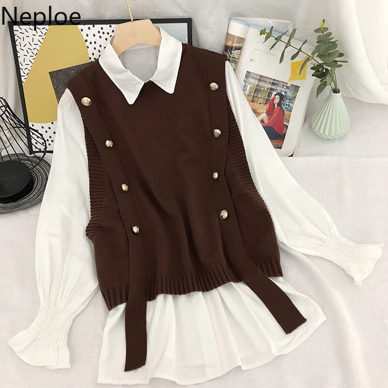 Neploe Korean Suit 2 Piece Set Women Preppy Style Loose Woman Clothes White Shirt Tops Knit Sweater Vest Two Piece Set Blouses 210422