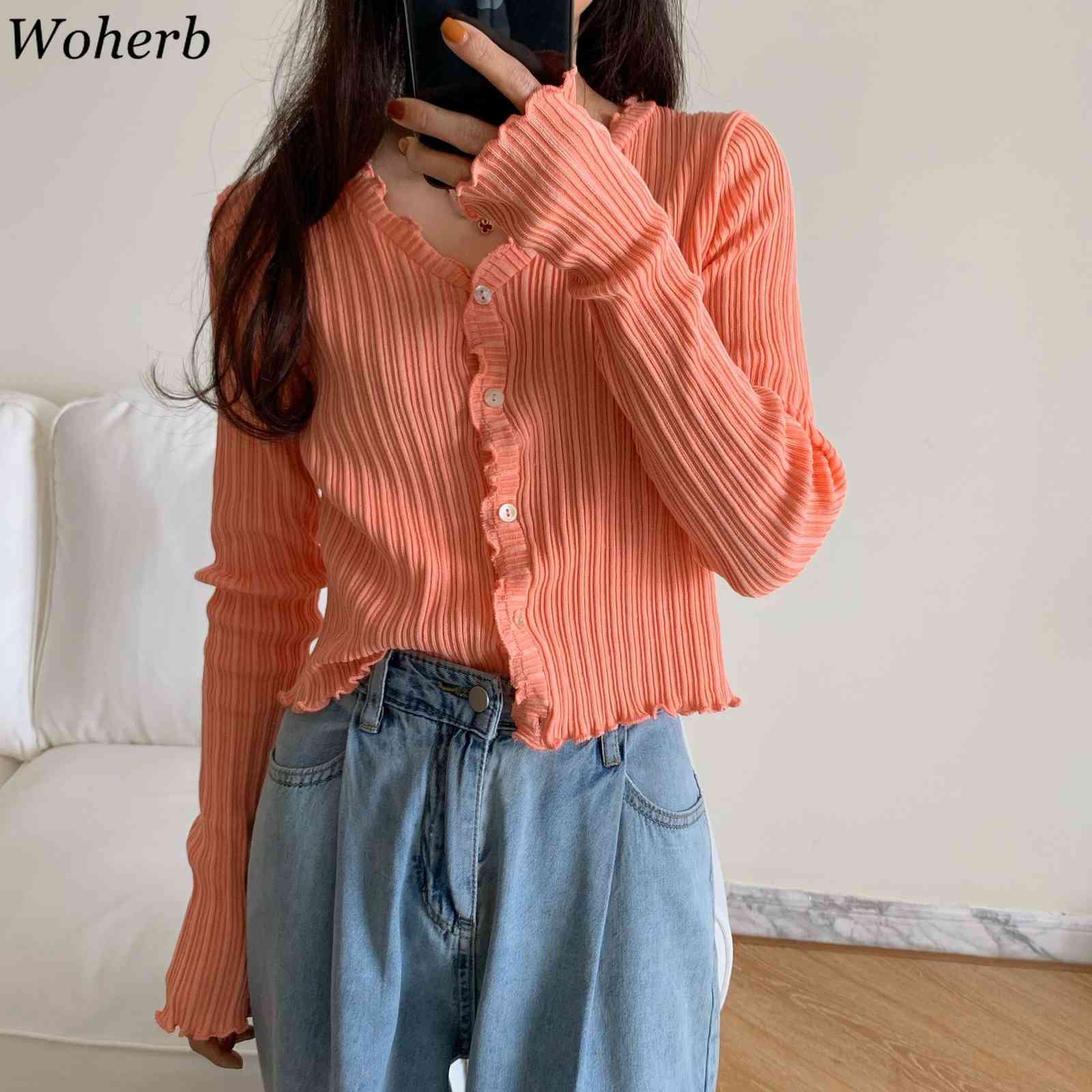 Casual Women Spring Autumn Thin Cardigan Solid Sweet Ruffle Korean Crop Kardigan Lady Chic Sweaters Pull Femme 210519
