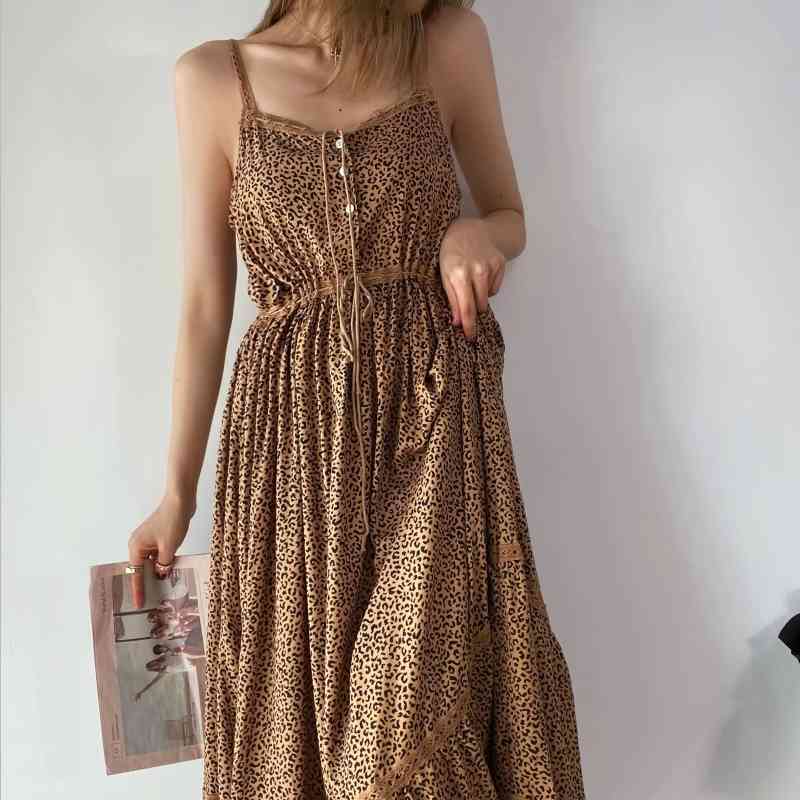 Women Leopard Print Waist Drawstring Lace Splicing Suspender Dress Female Sleeveless Clothes Casual Lady Loose Vestido D7388 210430