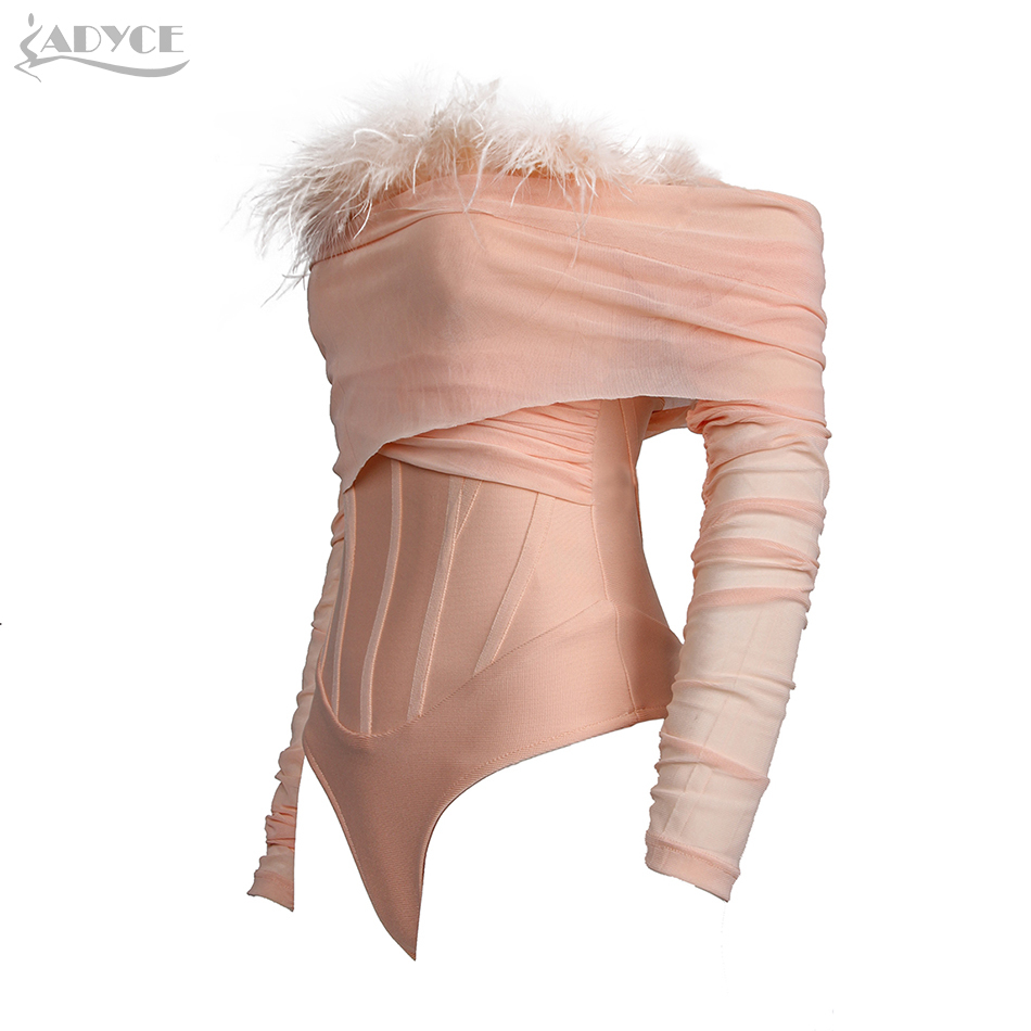 Winter Women Pink Feathers Off Shoulder Bandage Bikini Bodysuits Sexy Long Sleeve Club Party Bodycon Rompers 210423