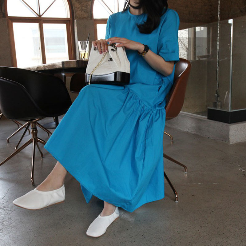 Summer Short Sleeve Blue Dress Women's Korean Version Loose Large Size Medium Length Ruffle Dresses 2D1666 210526