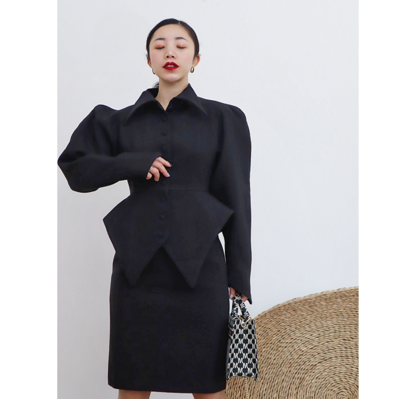 [DEAT] Lapel Collar Puff Sleeve Single Breasted Top Knee-length Black Skirt Two Piece Set Women Y2k Cothes Spring GX206 210428