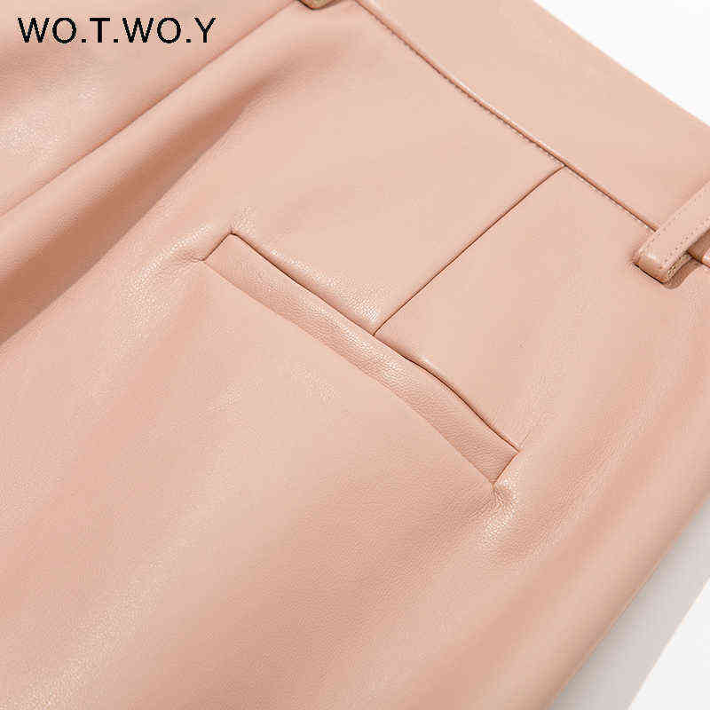 WOTWOY High Waist Loose Leather Pants Women Autumn Winter Fleece Zipper Fly Casual PU Trousers Female Solid 211115