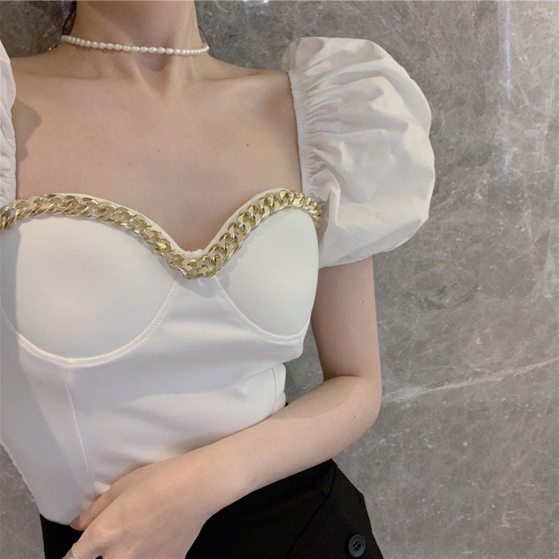 Lucyever Metal Chain Puff Sleeve T Shirt Women Summer Fashion Square Collar Slim Fit Shirts Woman Elastic White Tee Ladiaes 210521, Black
Lucyever Metal Chain Puff Sleeve T Shirt Women Summer Fashion Square Collar Slim Fit Shirts Woman Elastic White Tee Ladiaes 210521, Black