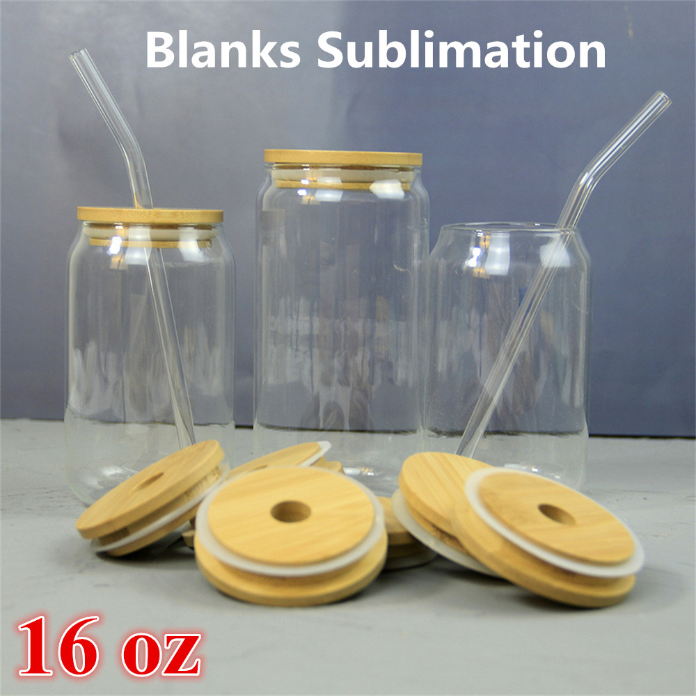 15oz!!! Sublimation Glass Beer Mugs with Bamboo Lid Straw DIY Blanks Frosted Clear Can Shaped Tumblers Cups Heat Transfer Cocktail Iced Coffee Soda Whiskey Glasses DD от DHgate WW