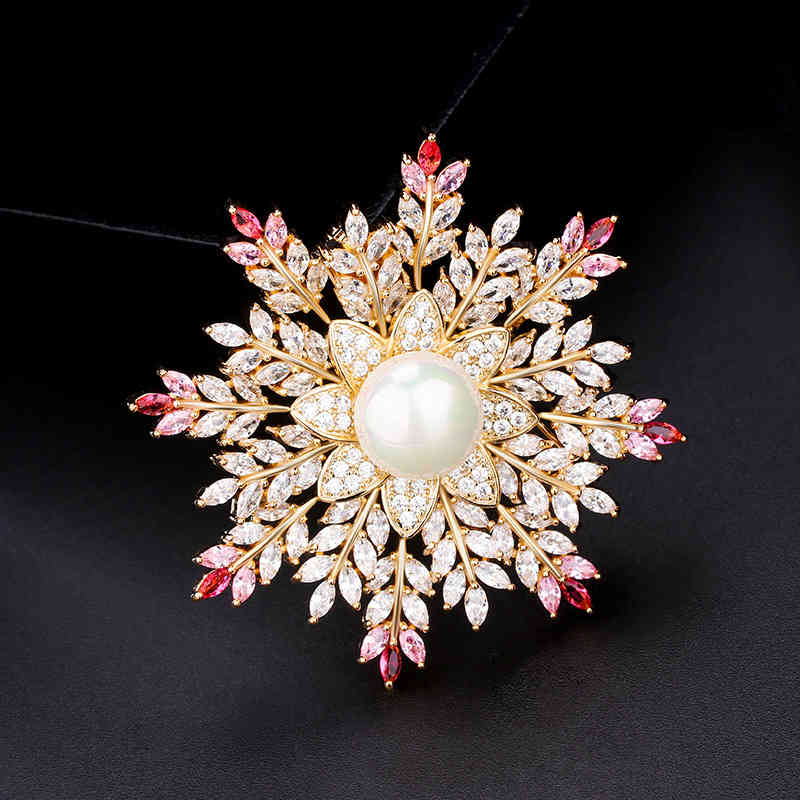 Simple Atmosphere Snowflake Pearl Brooch Female Korean Personality Jewelry Coat Sweater Chain Temperament Pin Scarf Buckle