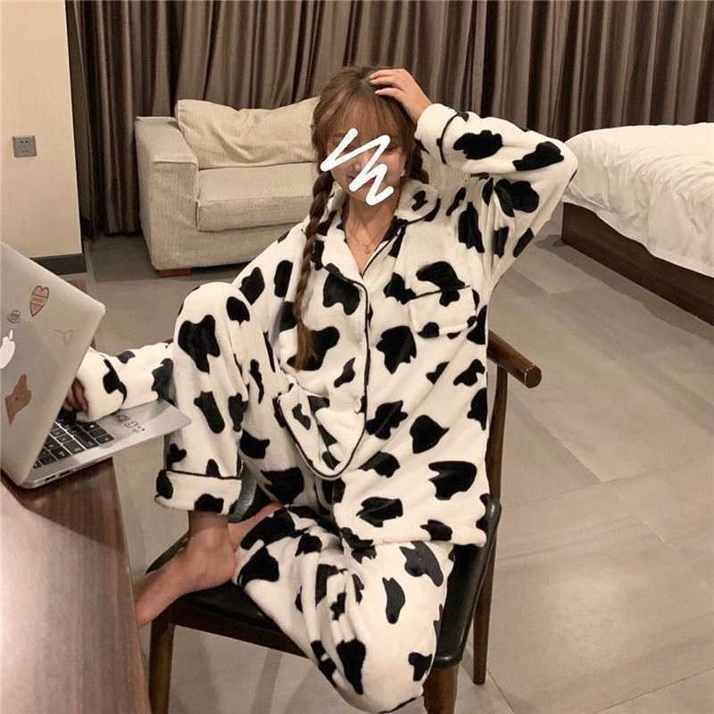 QWEEK Velvet Cow Print Pajama Woman Winter Warm Two Piece Set Sleepwear Pyjama Pour Femme Lounge Wear Trouser Suits thicken 210928
