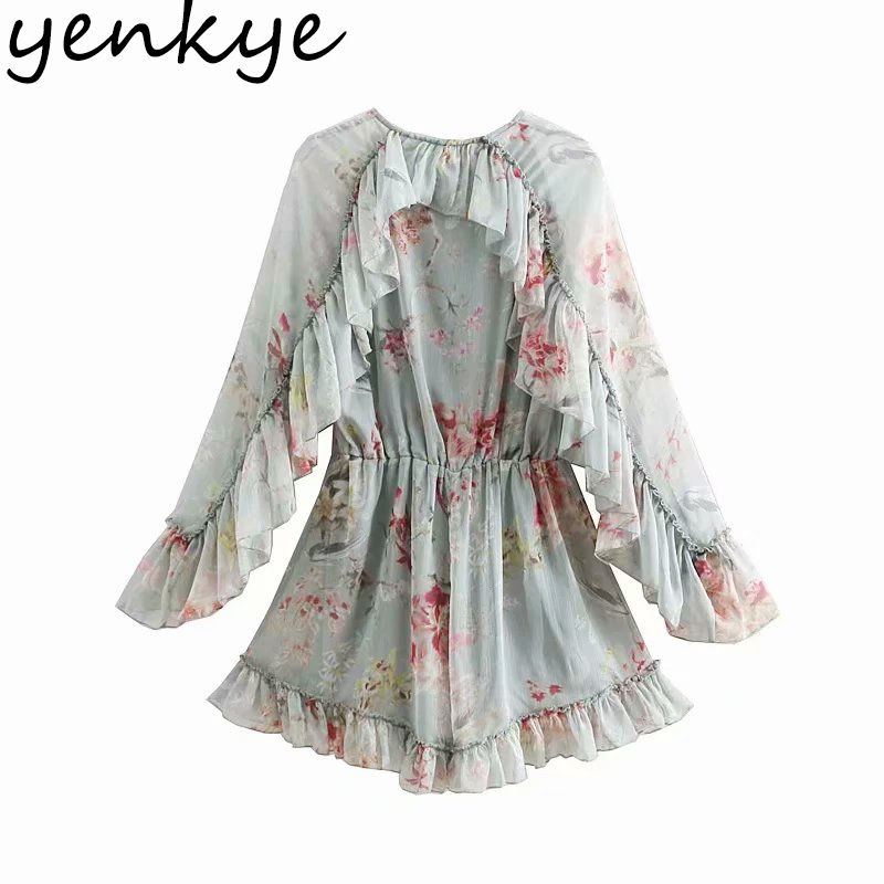 Floral Print Ruffle Jumpsuit Women Long Sleeve Drawstring Waist Holiday Boho Beach Romper Short Summer Playsuit 210430