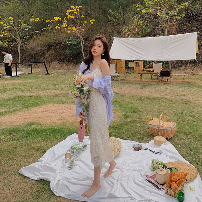 Summer Sleeveless Sexy Elegant Dress Women Sexy Embroidery Lace Strap Dress Office Lady Evening Party Dress Korea 210521