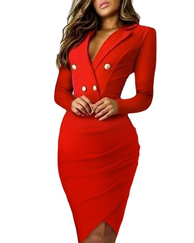 Casual Dresses Elegant Party Women Dress Slim V Neck Long Sleeve Mid Calf Pencil 2022 Office Lady Solid Red Robe