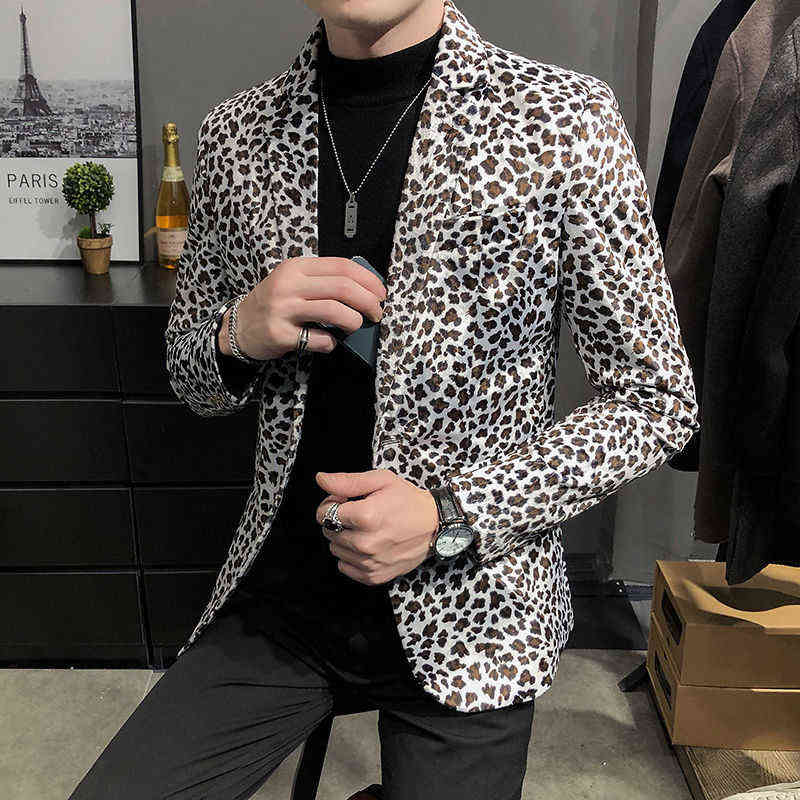 Mens Leopard Blazer Nightclub Prom Party Outfit Stagewear Male Suit Jacket Masculino Slim Fit M-3XL Hombre 211120
