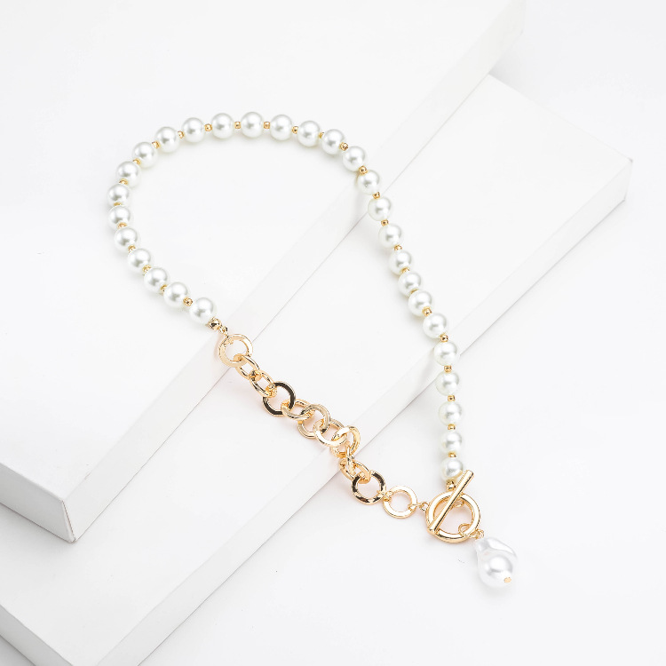 Punk Asymmetric Charm Chain Pearl Necklace For Women Baroque Irregular Pendant Long Toggle Chain New Trendy Jewelry Gifts
