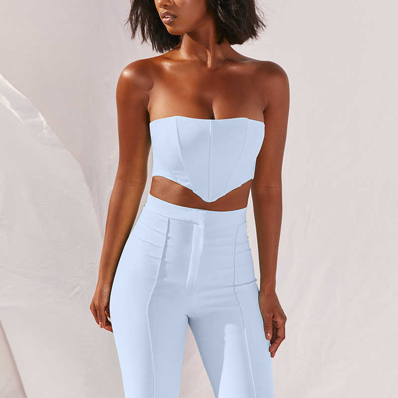 Colysmo Boning Bustier Long Flare Pants Two Piece Set Women Sexy Crop Top High Waist Trousers OL Casual Autumn Outfit White 210527