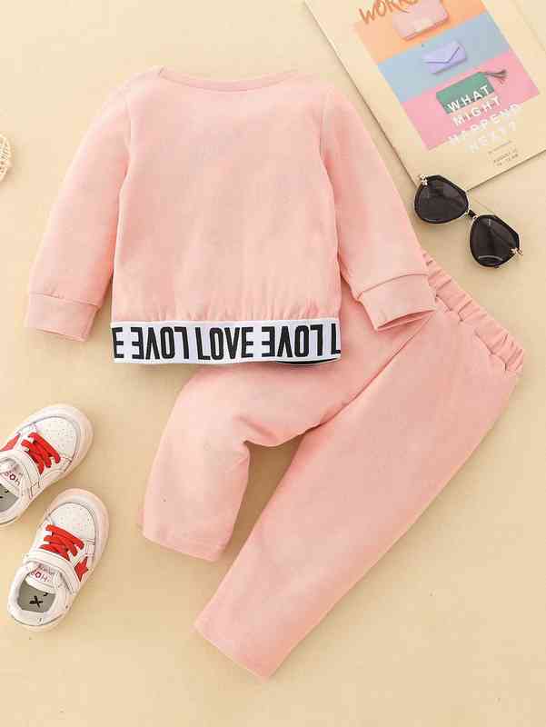 Baby Contrast Letter Tape Pullover & Pants SHE