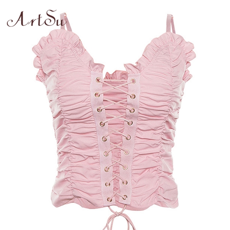 ArtSu Pink Crop Tops Women Lace Up Sexy Summer Spaghetti Strap Top Cute Camis Ladies Summer Tops Cami ASVE20530 210625