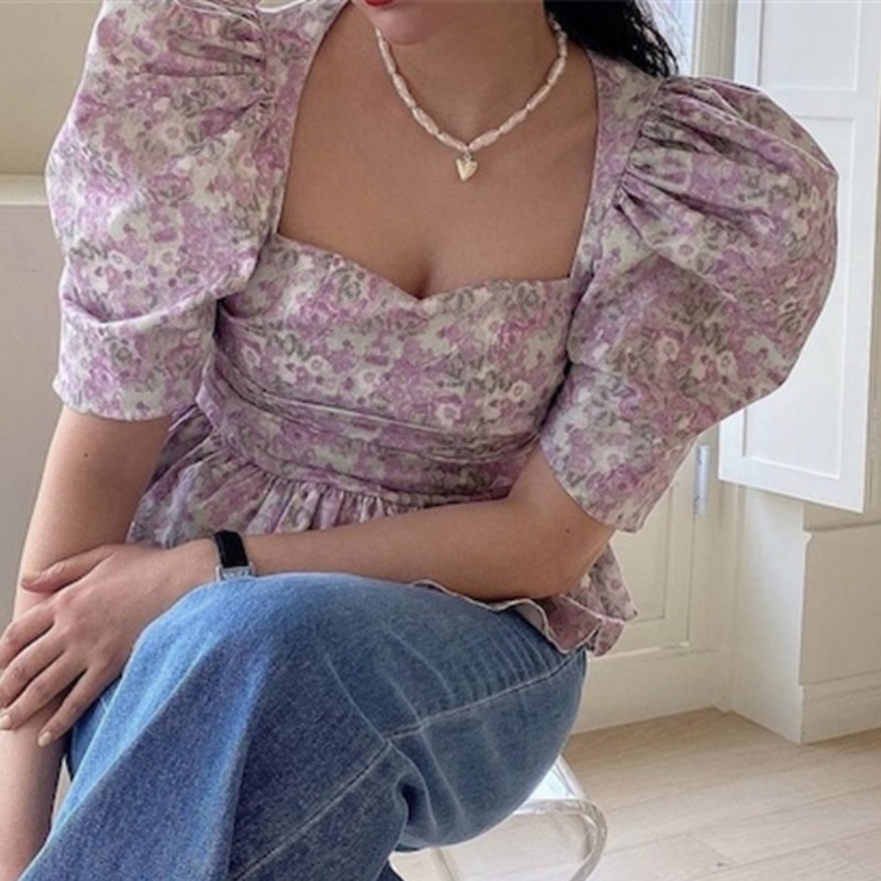 Nomikuma Korean Floral Women Tops Puff Sleeve Square Collar Blouse Shirt Summer Chic Slim Waist Ruffle Blusas Mujer 6G880 210427