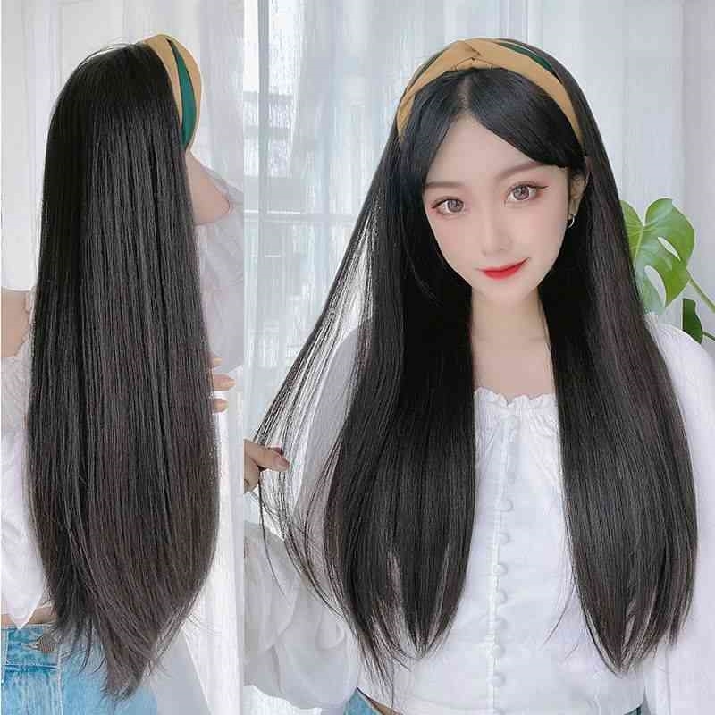 integrated Sluggard hairband wig half style women's long straight hair fashion Korean red wave micro roll full headgear, Black
integrated Sluggard hairband wig half style women's long straight hair fashion Korean red wave micro roll full headgear, Black
