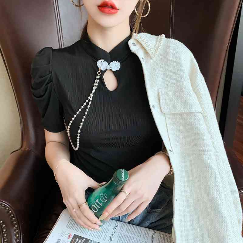 Retro Button Chain Bubble Sleeve Shirt Women's Spring Casual Solid Color Blouse Lady Slim Tops Blusas Mujer White Black 210515