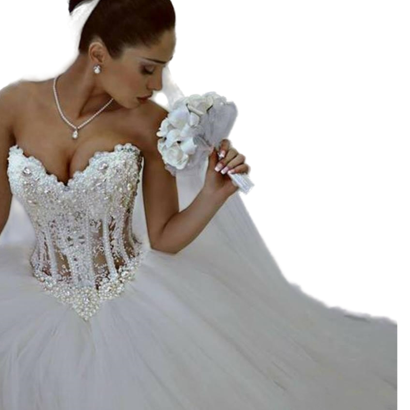 Princess Sweetheart Corset A Line Wedding Dress Pearls Beaded Arabic Dubai Long Ivory Wedding Gowns Strapless Sleeveless Floor Length Garden Bridal Dr