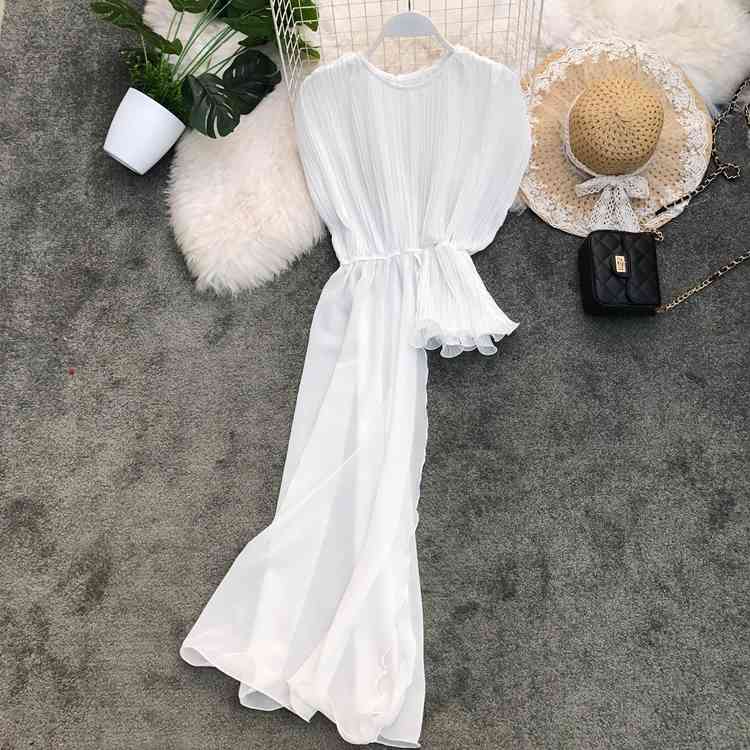 Women Elegant Office Solid Short Sleeve Shirt Casual Top Ladies Asymmetrical Ruffle Pleated Chiffon Blouse Korean Fashion 210519