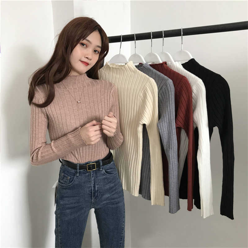 Turtleneck Pullovers Elastic Slim Women Sweater, Khaki Knit Tops, Autumn Winter Basic Ribbed Jumpers