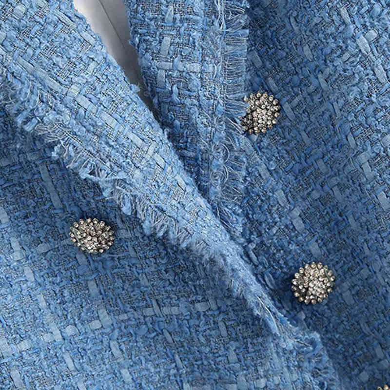 Fashion Office Wear Blue Tweed Blazer Women Elegant Double Breasted Jacket Coat Casual Long Sleeve Pockets Outwear 210515